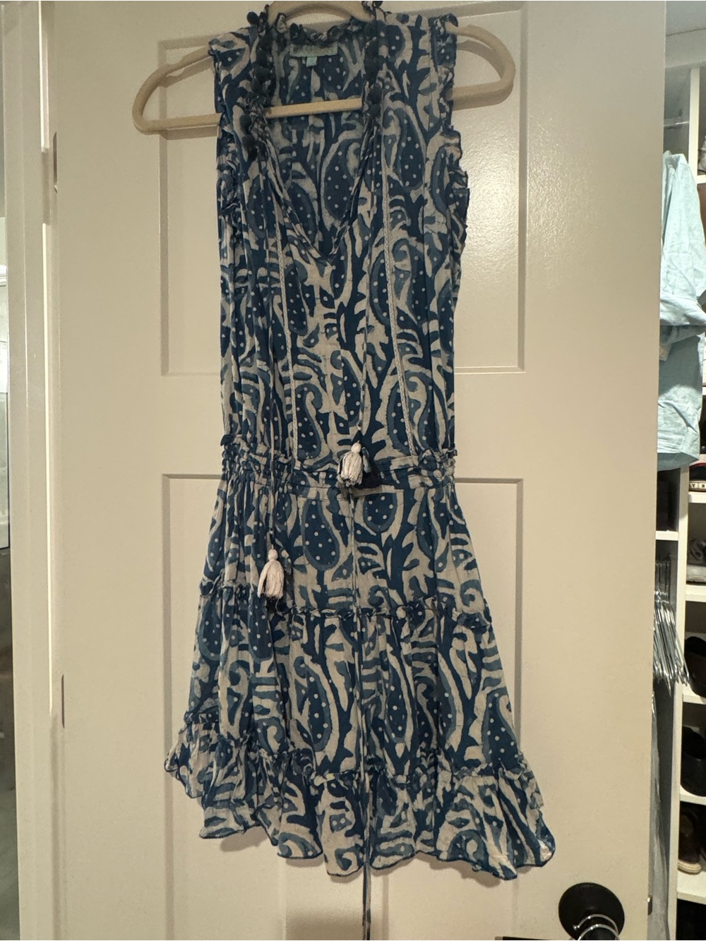 Girls Blue & White Printed Tiered Summer Dress